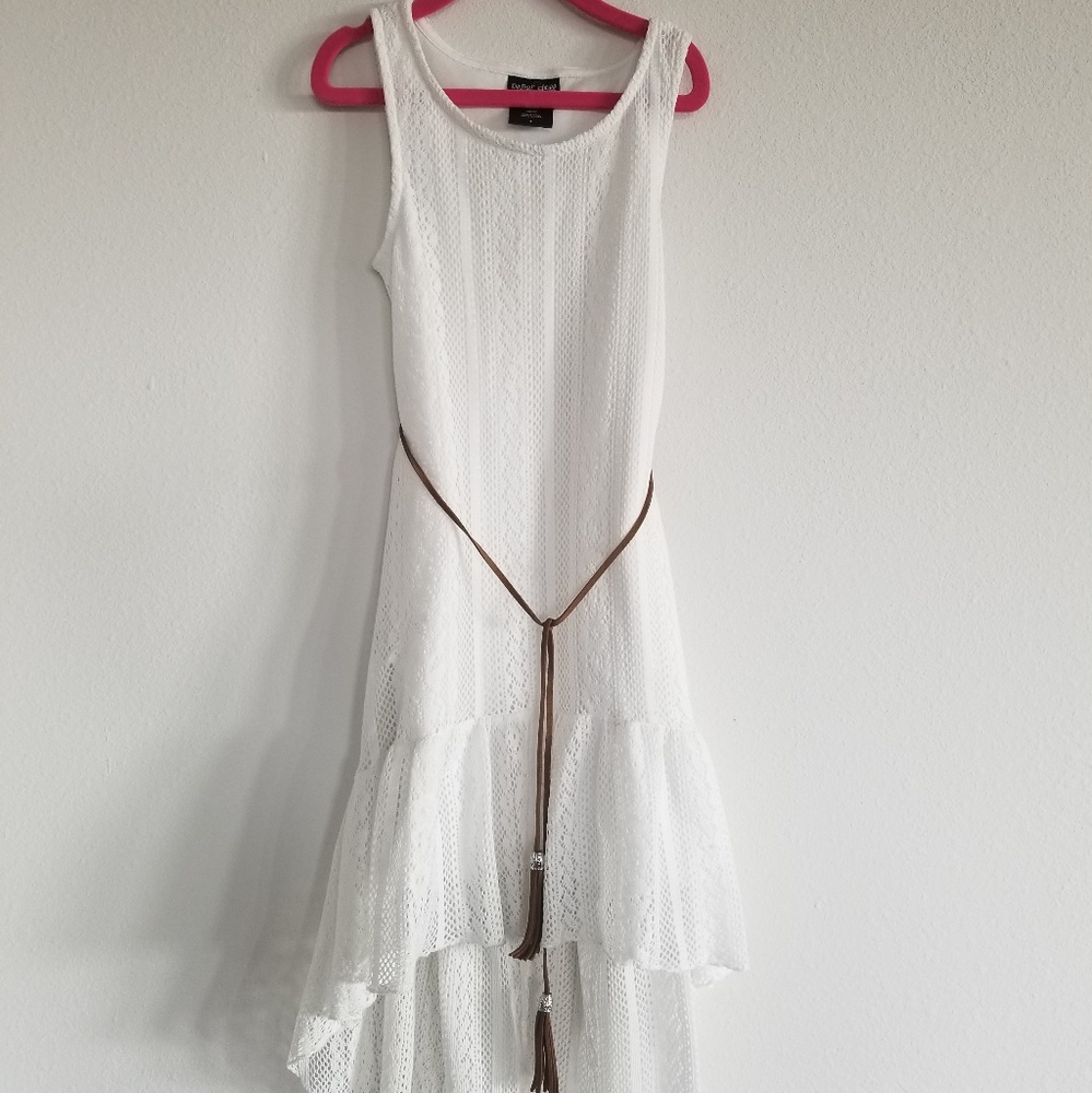 Off White Lace Dress with Leather Belt and Tassles